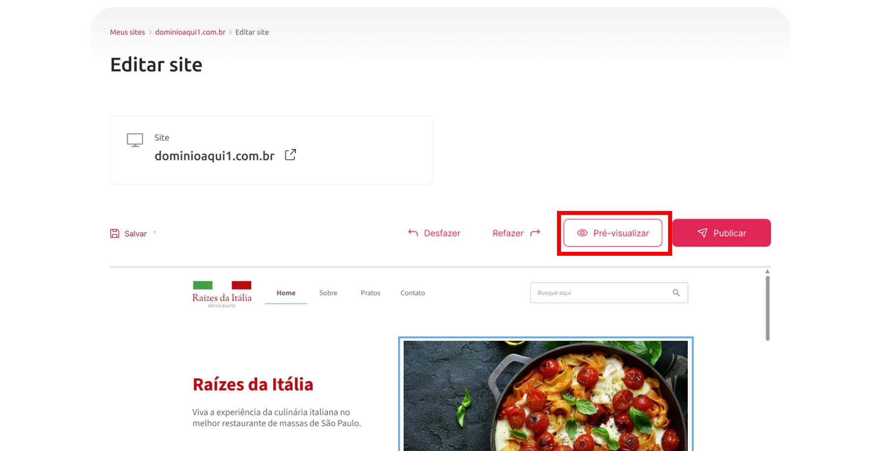 [Alt text: imagem do editor de páginas destacando o botão de pré-visualizar no canto direito da tela.